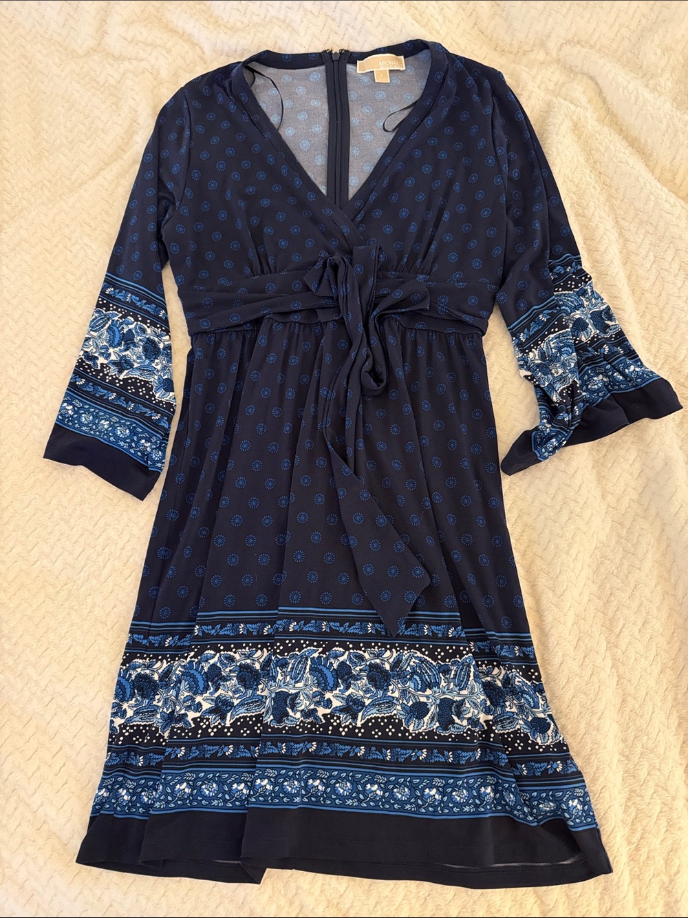 Michael Kors Navy and Blue Printed Midi Wrap Dress